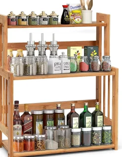 Etagere a Epices en Bambou Naturel,Porte-Epice a 3 Niveaux avec Tablette en Hauteur, pour Cuisine et Salle de Bain, 41.5x18x50CM
