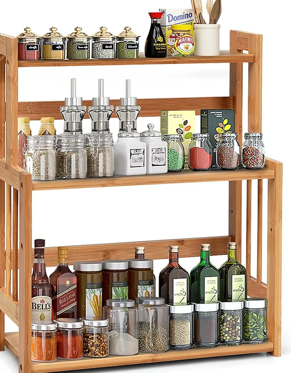 Etagere a Epices en Bambou Naturel,Porte-Epice a 3 Niveaux avec Tablette en Hauteur, pour Cuisine et Salle de Bain, 41.5x18x50CM