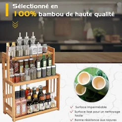 Etagere a Epices en Bambou Naturel,Porte-Epice a 3 Niveaux avec Tablette en Hauteur, pour Cuisine et Salle de Bain, 41.5x18x50CM