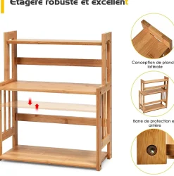 Etagere a Epices en Bambou Naturel,Porte-Epice a 3 Niveaux avec Tablette en Hauteur, pour Cuisine et Salle de Bain, 41.5x18x50CM