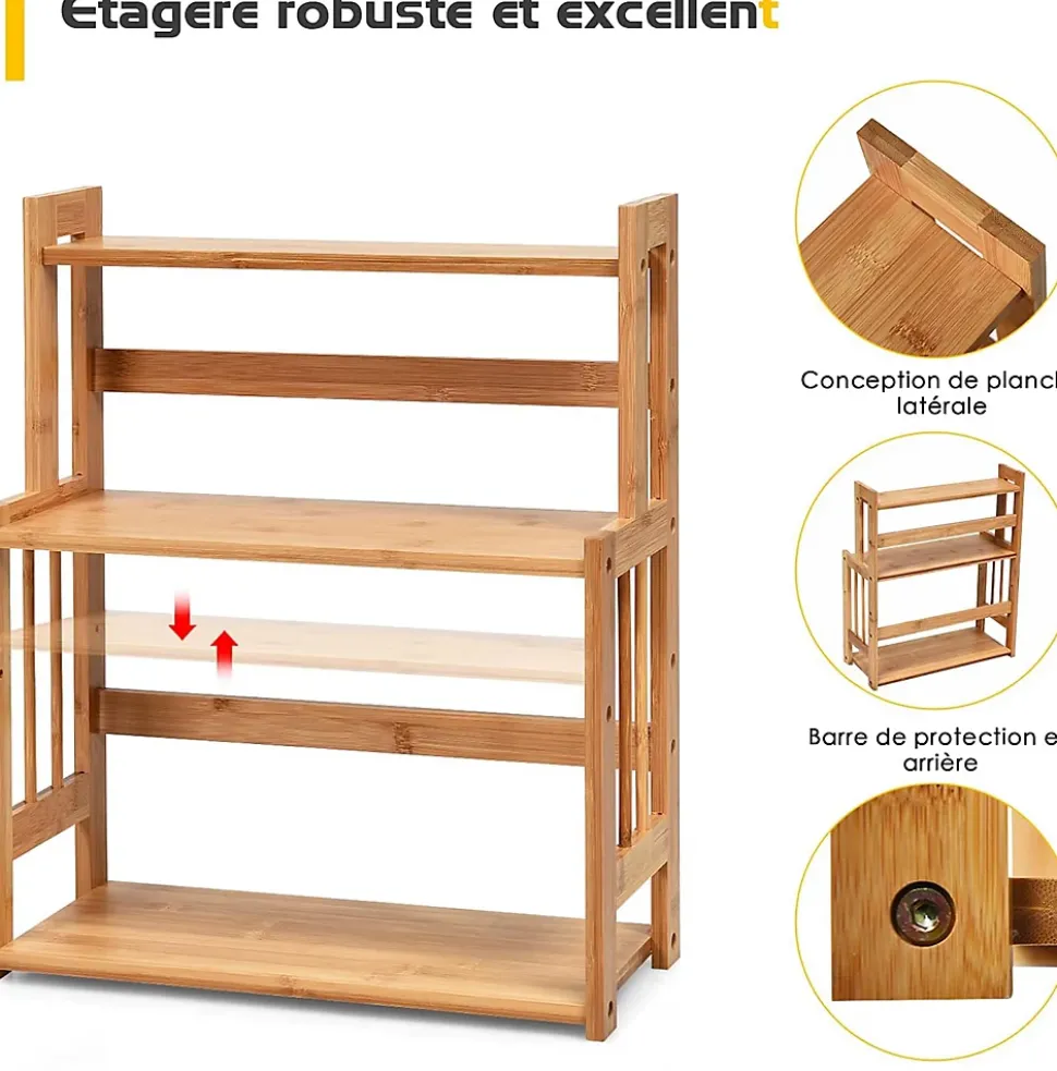 Etagere a Epices en Bambou Naturel,Porte-Epice a 3 Niveaux avec Tablette en Hauteur, pour Cuisine et Salle de Bain, 41.5x18x50CM