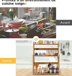 Etagere a Epices en Bambou Naturel,Porte-Epice a 3 Niveaux avec Tablette en Hauteur, pour Cuisine et Salle de Bain, 41.5x18x50CM