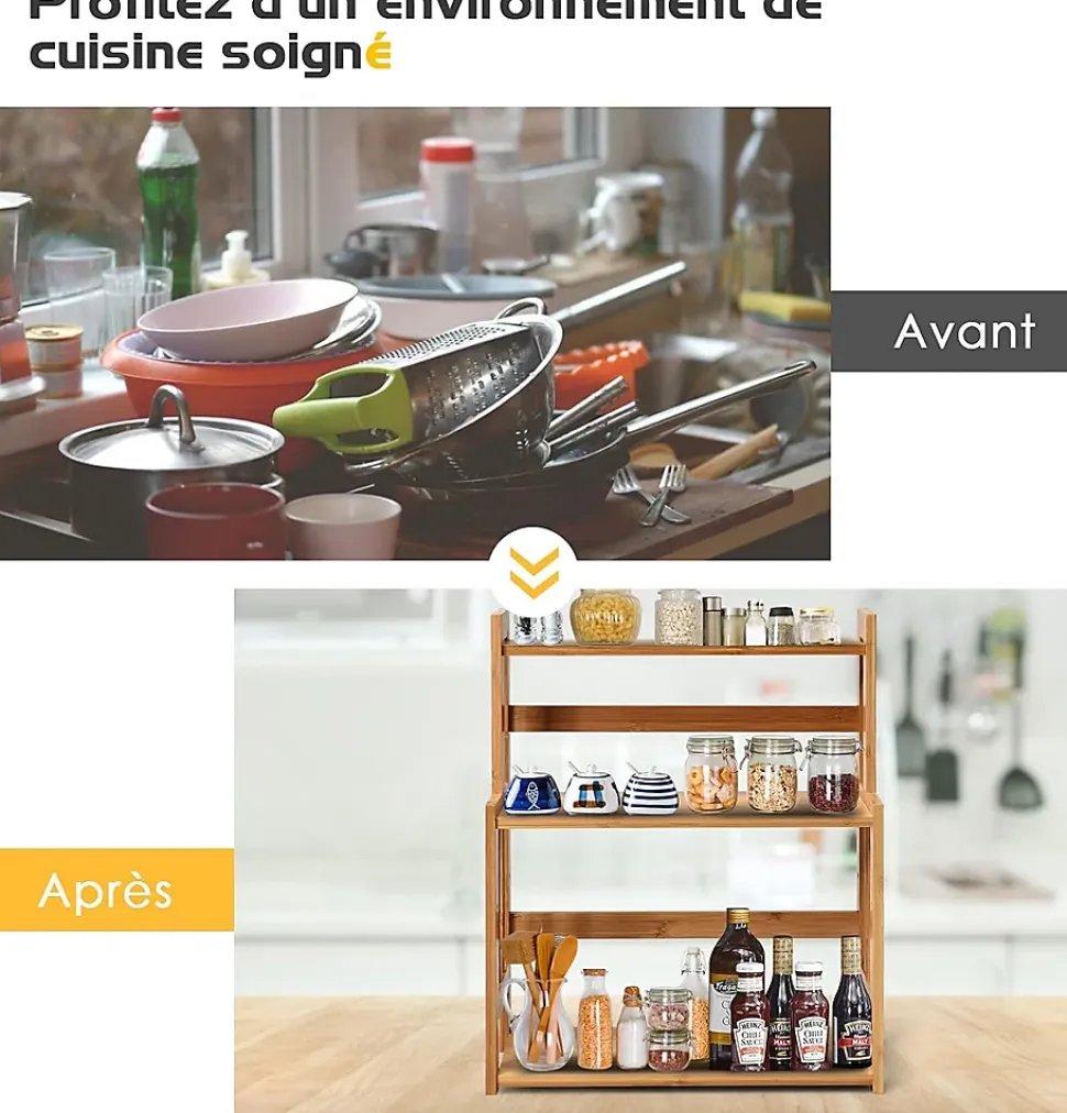Etagere a Epices en Bambou Naturel,Porte-Epice a 3 Niveaux avec Tablette en Hauteur, pour Cuisine et Salle de Bain, 41.5x18x50CM