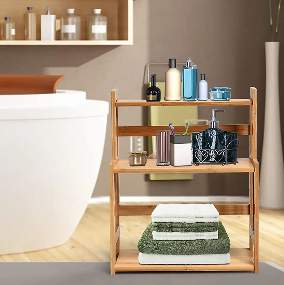 Etagere a Epices en Bambou Naturel,Porte-Epice a 3 Niveaux avec Tablette en Hauteur, pour Cuisine et Salle de Bain, 41.5x18x50CM
