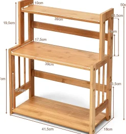 Etagere a Epices en Bambou Naturel,Porte-Epice a 3 Niveaux avec Tablette en Hauteur, pour Cuisine et Salle de Bain, 41.5x18x50CM