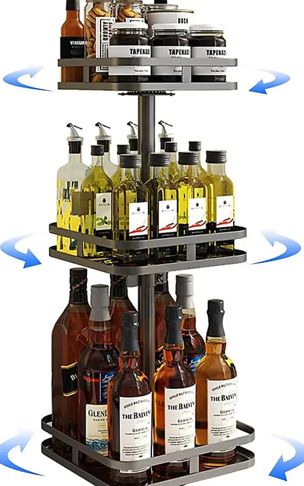 Etagère Porte-épices carré Rotatif à 360 3 Niveaux noir