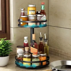 Etagère Porte-épices rond Rotatif à 360 2 Niveaux noir