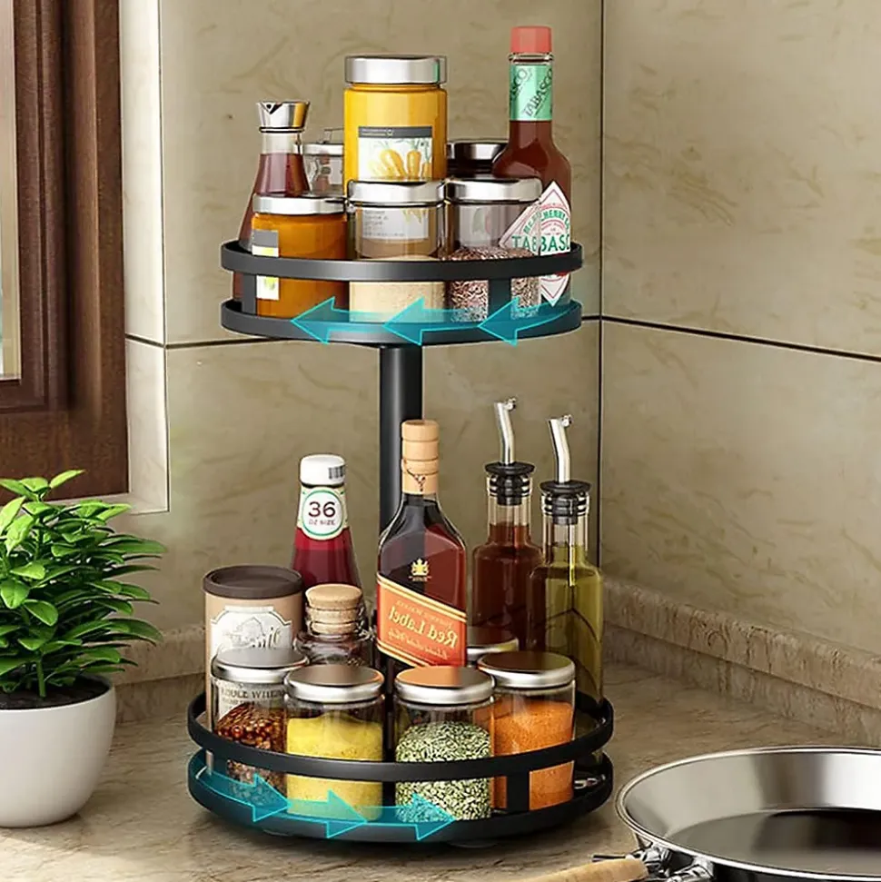 Etagère Porte-épices rond Rotatif à 360 2 Niveaux noir