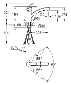 Eurosmart Mitigeur évier avec Douchette, Chrome (30305001)