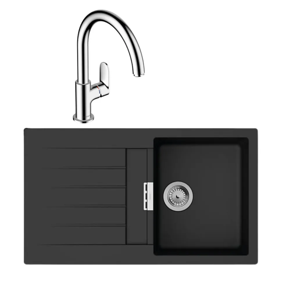 Evier 1 bac 840 HANSGROHE S52 synthèse noir + robinet de cuisine HANSGROHE Vernis Blend M35 210 chromé