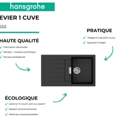 Evier 1 bac 840 HANSGROHE S52 synthèse noir + robinet de cuisine HANSGROHE Vernis Blend M35 210 chromé