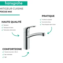 Evier 1 bac 980 HANSGROHE S52 synthèse noir + robinet de cuisine HANSGROHE Focus M41 160 chromé