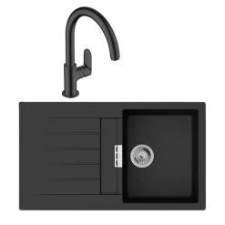 Evier 1 bac 840 HANSGROHE S52 synthèse noir + robinet de cuisine HANSGROHE Vernis Blend M35 210 noir mat