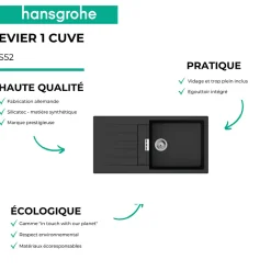 Evier 1 bac 980 HANSGROHE S52 synthèse noir + robinet de cuisine HANSGROHE Vernis Blend M35 210 noir mat