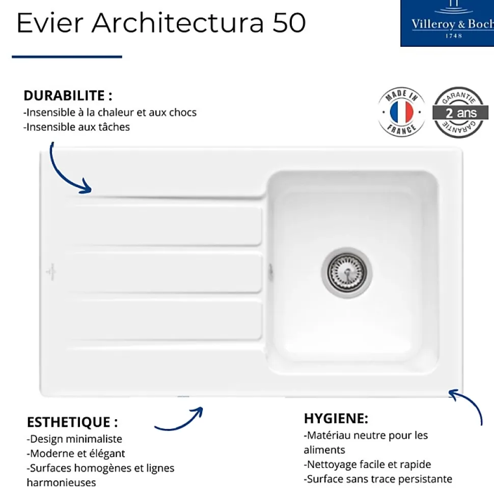 Evier 1 bac 86 x 51 cm VILLEROY ET BOCH Architectura 50 Blanc