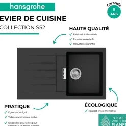 Evier 1 bac avec égouttoir 840 HANSGROHE S52 synthèse noir