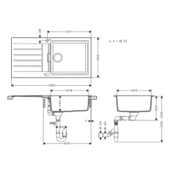 Evier 1 bac avec égouttoir 980 HANSGROHE S52 synthèse noir