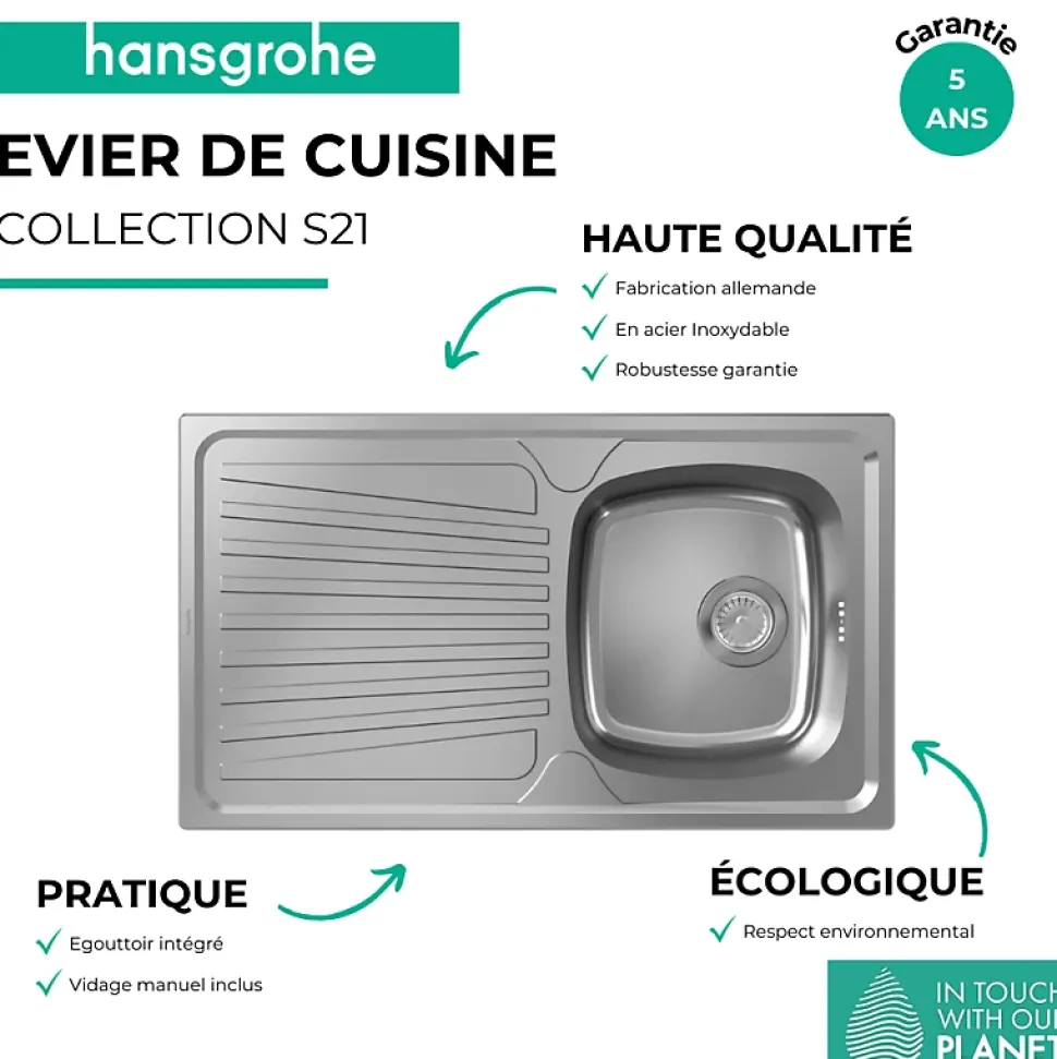 Evier 1 bac avec égouttoir HANSGROHE S21 inox