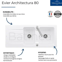 Evier 1 bac et demi 116 x 51 cm VILLEROY ET BOCH Architectura 8 Blanc + Robinet cuisine GROHE Bauloop