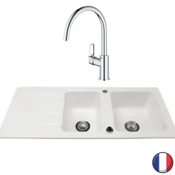 Evier 1 bac et demi 116 x 51 cm VILLEROY ET BOCH Architectura 8 Blanc + Robinet cuisine GROHE Bauloop