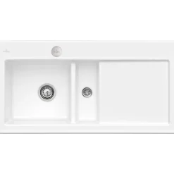 Evier 1 bac et demi avec egouttoir a droite VILLEROY ET BOCH Subway Pure 60 100 x 51 cm Blanc vidage automatique inclus