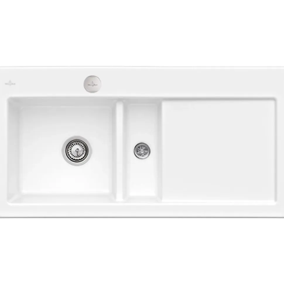 Evier 1 bac et demi avec egouttoir a droite VILLEROY ET BOCH Subway Pure 60 100 x 51 cm Blanc vidage automatique inclus
