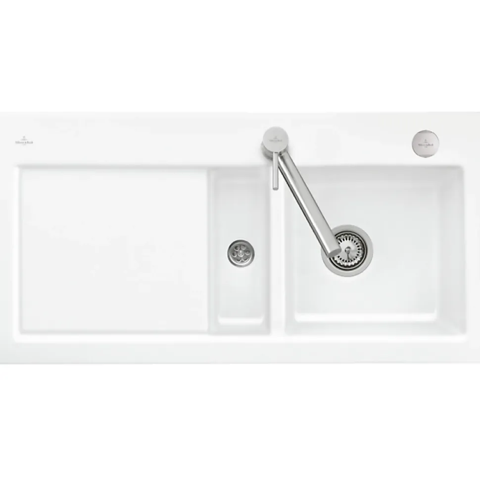 Evier 1 bac et demi avec egouttoir a gauche VILLEROY ET BOCH Subway Pure 60 100 x 51 cm Blanc vidage automatique inclus