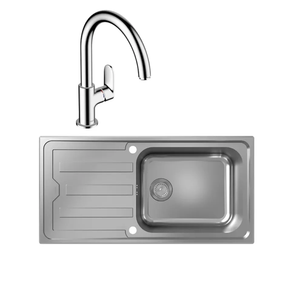 Evier 1 bac HANSGROHE S44 inox + robinet de cuisine HANSGROHE Vernis Blend M35 210 chromé