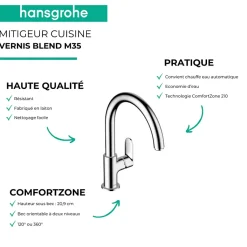 Evier 1 bac HANSGROHE S44 inox + robinet de cuisine HANSGROHE Vernis Blend M35 210 chromé