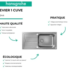 Evier 1 bac HANSGROHE S44 inox + robinet de cuisine HANSGROHE Vernis Blend M35 210 chromé