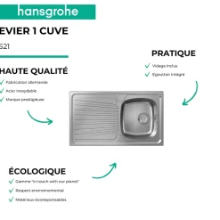 Evier 1 bac HANSGROHE S21 inox + robinet de cuisine HANSGROHE Vernis Blend M35 210 chromé