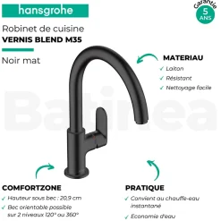 Evier 1 bac HANSGROHE S21 inox + robinet de cuisine HANSGROHE Vernis Blend M35 210 noir mat