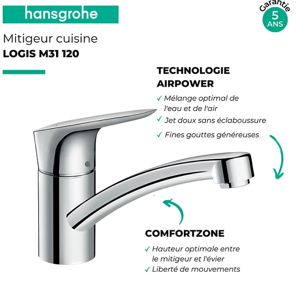 Evier 1 bac HANSGROHE S44 inox + robinet de cuisine HANSGROHE Logis M31 120 chromé