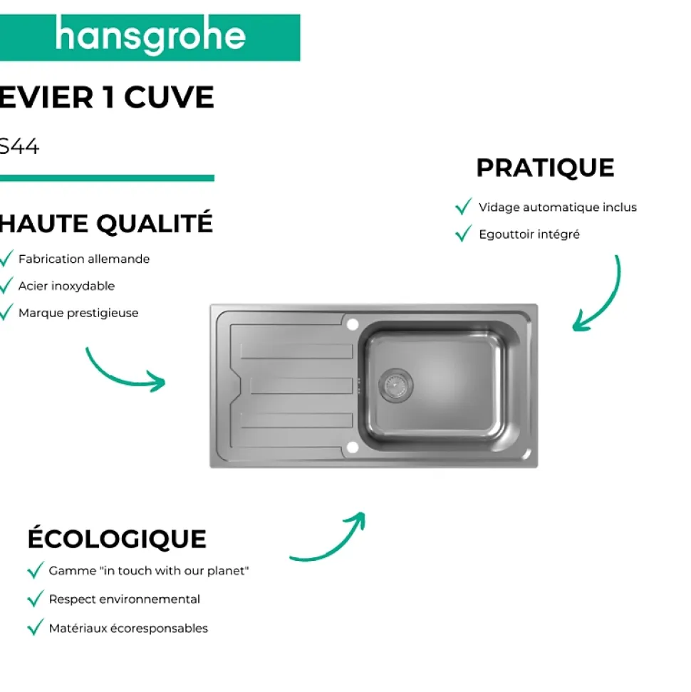 Evier 1 bac HANSGROHE S44 inox + robinet de cuisine HANSGROHE Vernis Blend M35 210 noir mat