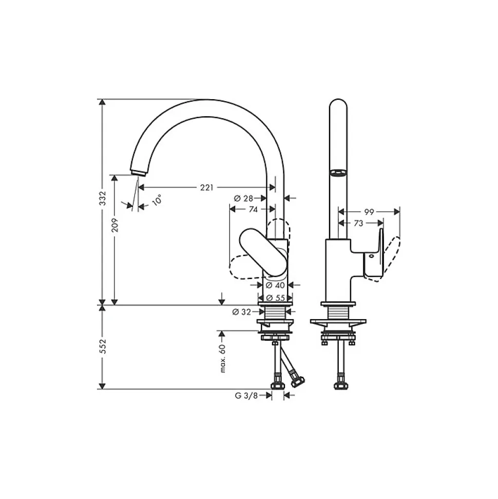 Evier 1 bac HANSGROHE S44 inox + robinet de cuisine HANSGROHE Vernis Blend M35 210 noir mat