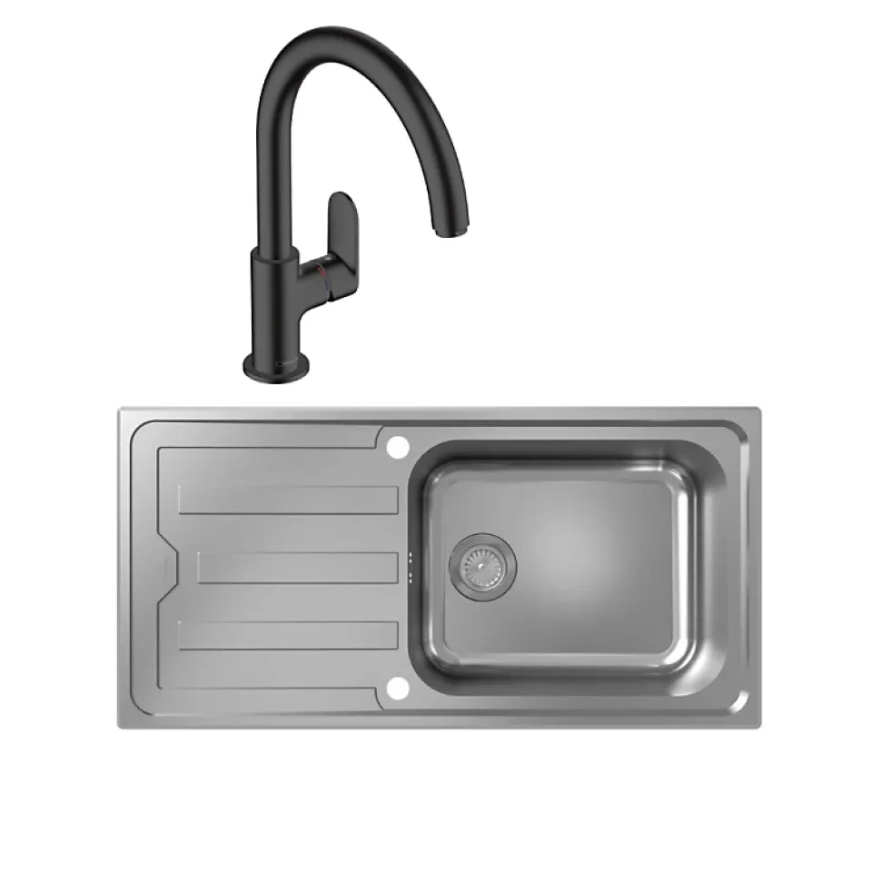 Evier 1 bac HANSGROHE S44 inox + robinet de cuisine HANSGROHE Vernis Blend M35 210 noir mat