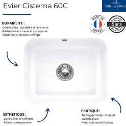 Evier 1 bac VILLEROY ET BOCH Cisterna 60C Chromite CeramicPlus avec vidage manuel