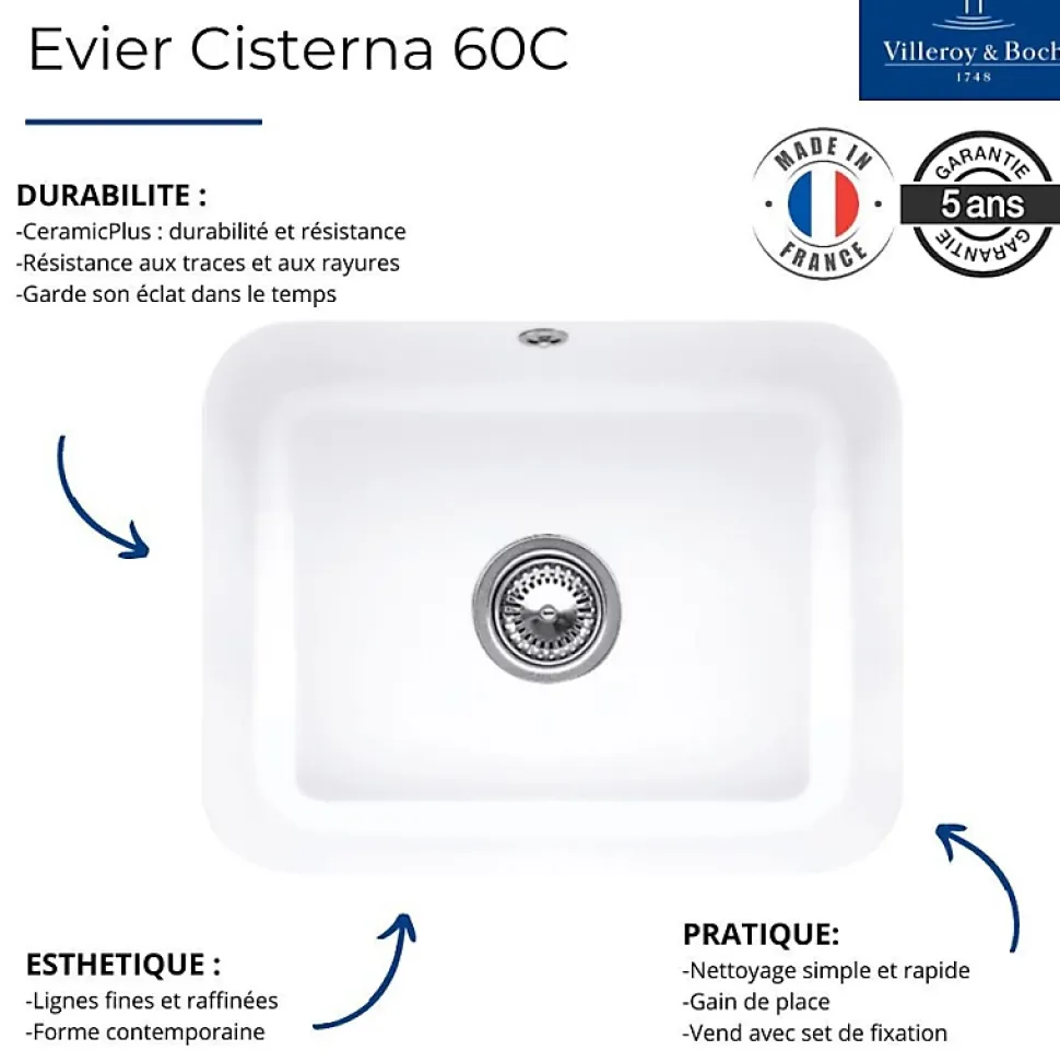 Evier 1 bac VILLEROY ET BOCH Cisterna 60C Blanc CeramicPlus avec vidage manuel