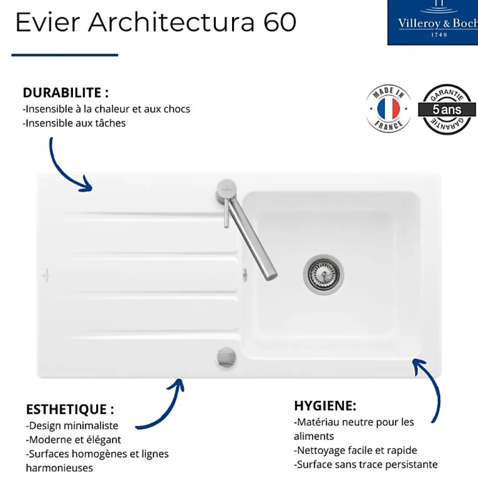Evier 1 bac VILLEROY ET BOCH Architectura 60 vidage auto + Robinet de cuisine Como Window Acier Massif