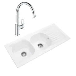 Evier 2 bacs VILLEROY ET BOCH Nestor Plus + Mitigeur cuisine bec haut GROHE Bauloop
