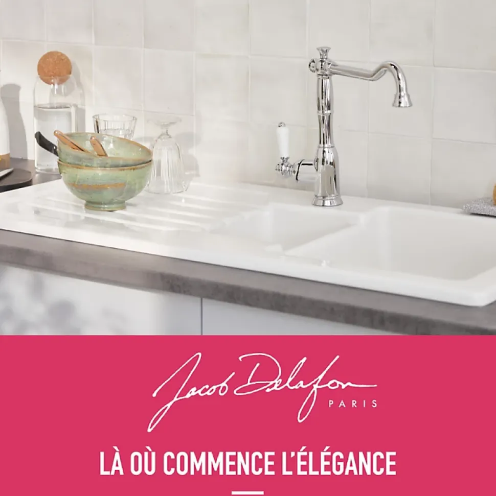 Evier à encastrer 1 bac et demi JACOB DELAFON Gaspard avec système de vidage