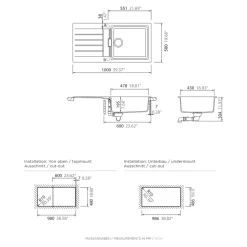 Evier à encastrer en composite quartz blanc 1 bac et égouttoir l. 50 x H. 30,4 x P. 19,7 cm GoodHome Torla