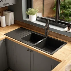 Evier à encastrer en composite quartz noir 2 bacs et égouttoir l. 50 x H. 30,4 x P. 19,7 cm GoodHome Torla