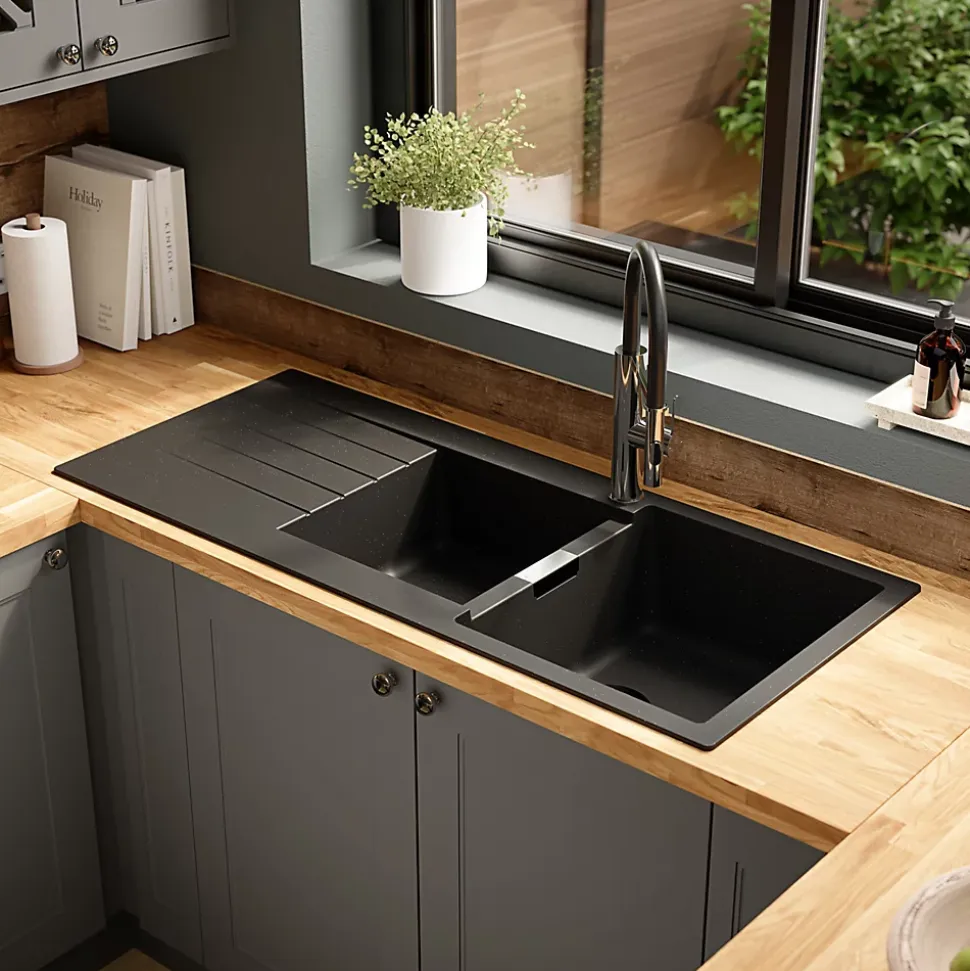 Evier à encastrer en composite quartz noir 2 bacs et égouttoir l. 50 x H. 30,4 x P. 19,7 cm GoodHome Torla