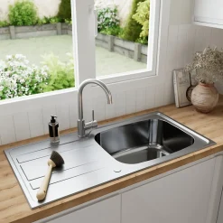 Evier à encastrer en inox microstructuré 1 bac et égouttoir l. 50 x H. 21 x P. 100 cm GoodHome Lucerne