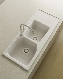 Evier à encastrer POALGI - City 333 - Granit - Blanc Snow - 118 cm - 2 bacs et 1 égouttoir