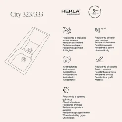 Evier à encastrer POALGI - City 333 - Granit - Gris Ash - 118 cm - 2 bacs et 1 égouttoir