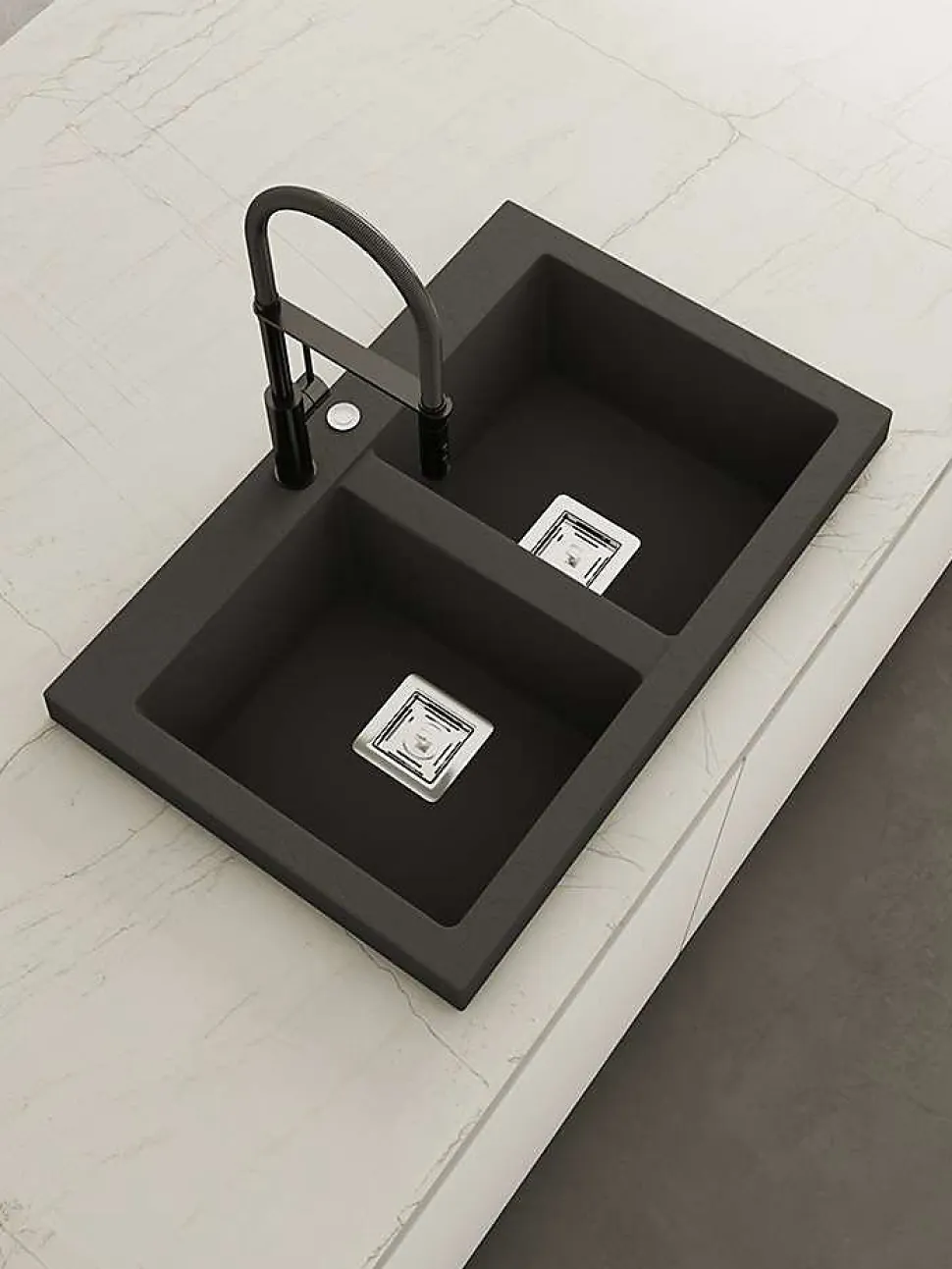 Evier à encastrer POALGI, KOBUS 816, Granit, Noir Basalt, 80 cm, 2 bacs