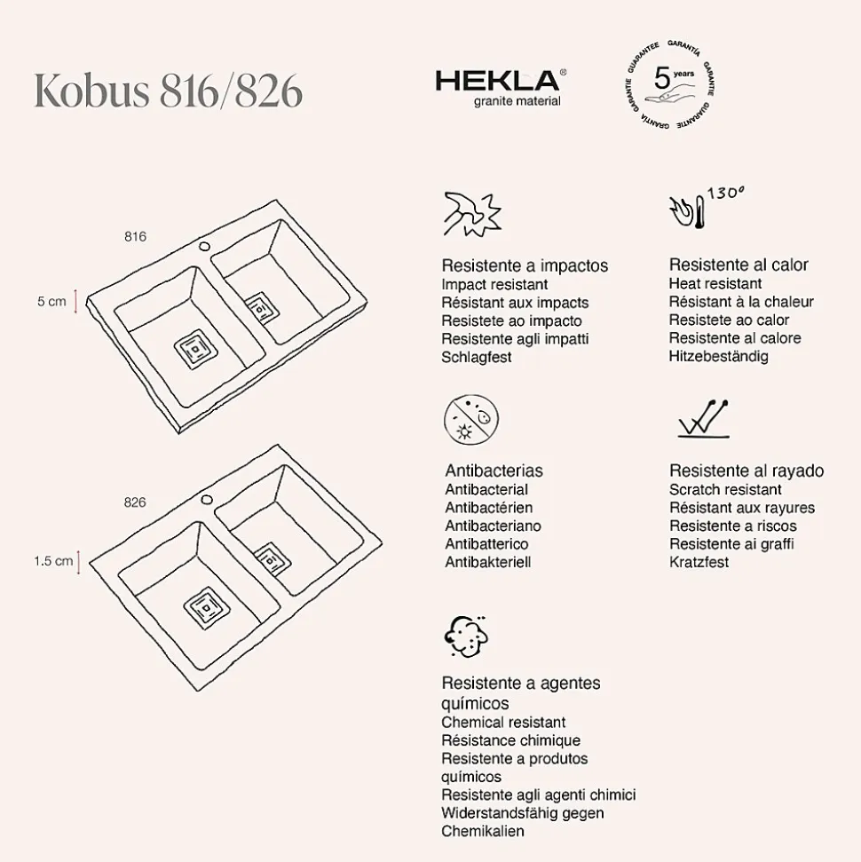 Evier à encastrer POALGI, KOBUS 816, Granit, Noir Basalt, 80 cm, 2 bacs