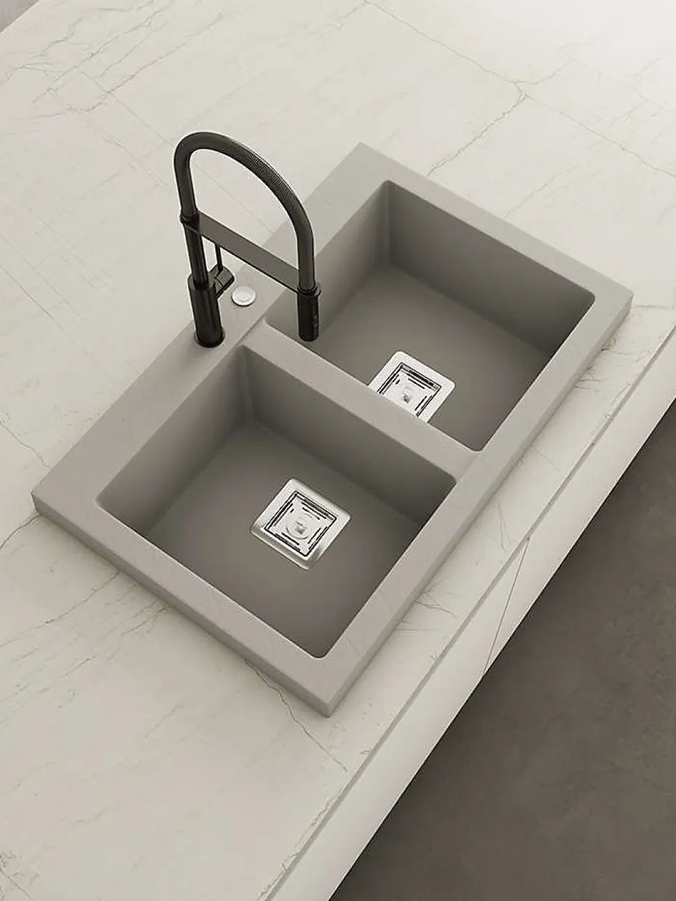 Evier à encastrer POALGI, KOBUS 816, Granit, Gris Ash, 80 cm, 2 bacs